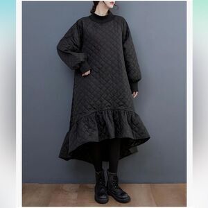 Quilted Dress Asymmetrical Oversized Ruffle MARIELLE AMELO Black Mock Neck OS